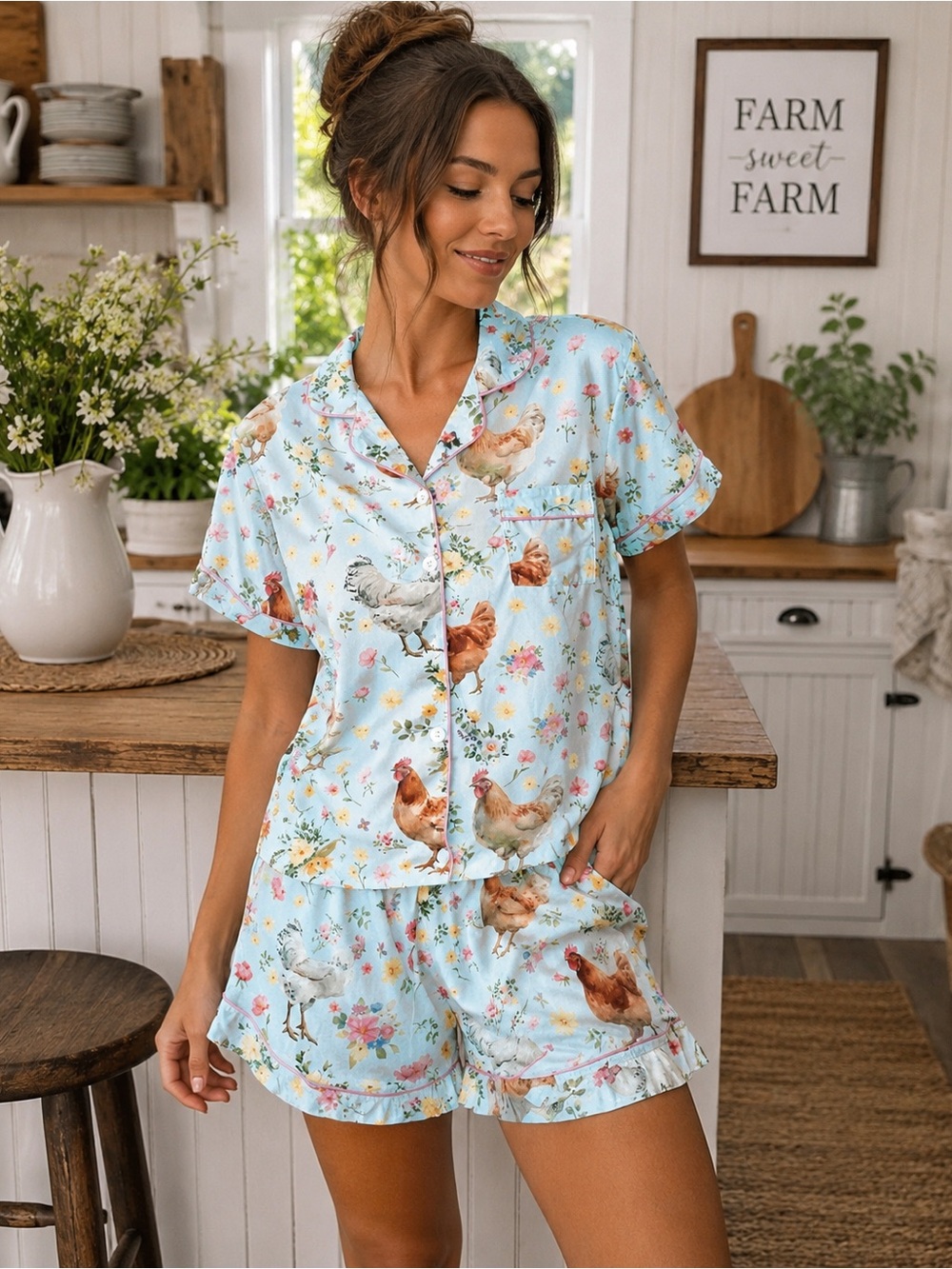 Cottagecore Chicken Print Pajama Set XL NIB Farmhouse Floral Sleepwear